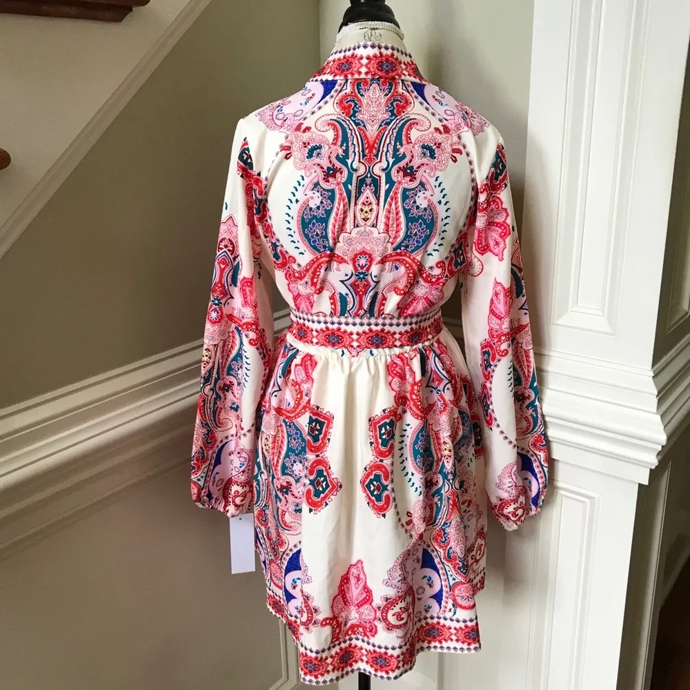 NWT Goodnight Macaroon Lola Dress Womens Small Red Blue Long Sleeve V-Neck Belt - Picture 10 of 12